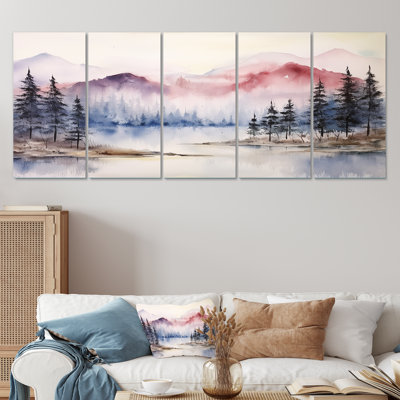 Rose et gris brouillard sur les montagnes du Japon - Japon, art mural sur toile 5 pièces