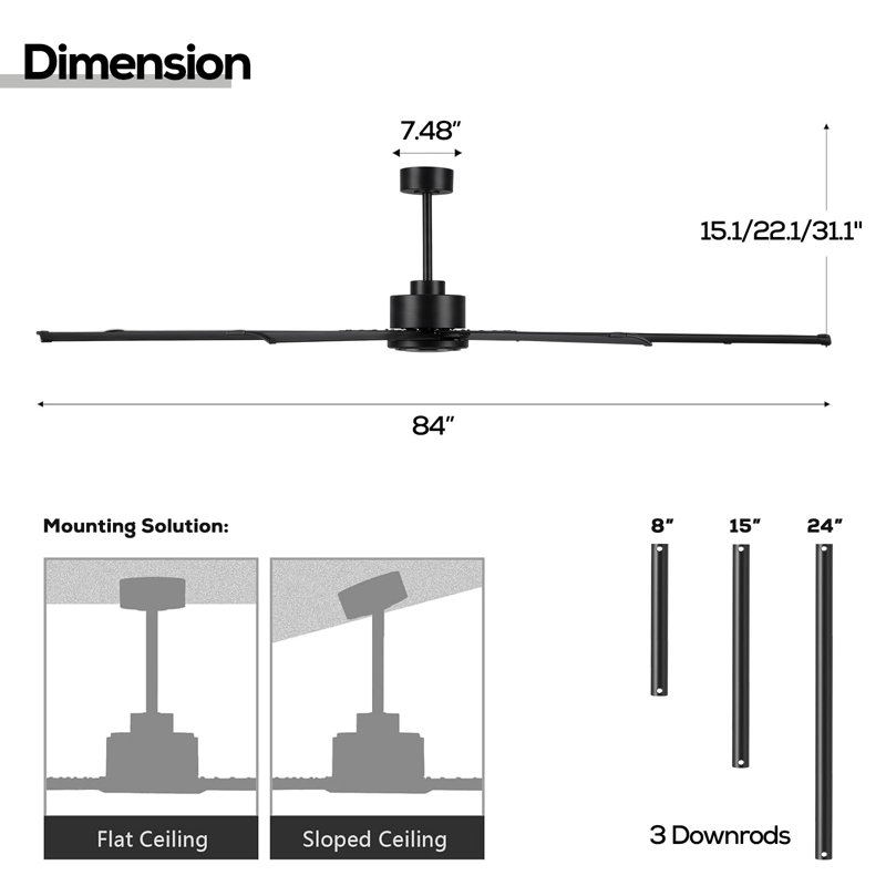 96 Inch Industrial Ceiling Fans No Lights, Large Ceiling Fan With 8 Reversible Blades, Outdoor/Indoor Industrial DC Motor Ceiling Fan With 6-Speed Remote Control For Porch Garage Shop Gym, Silver