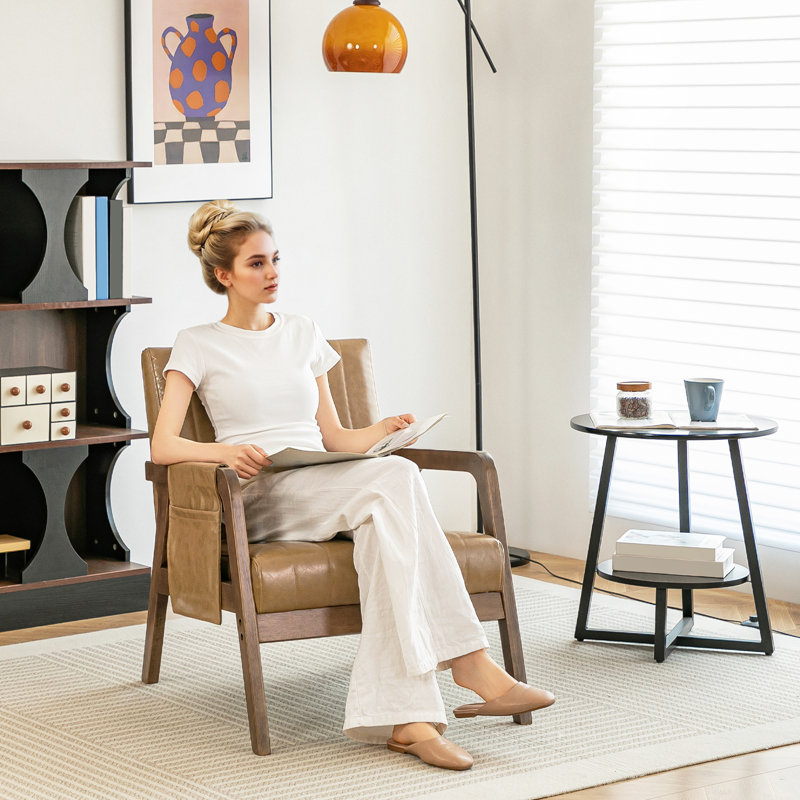 Fauteuil d'appoint en cuir Mid-Century moderne avec structure en bois, Tanné