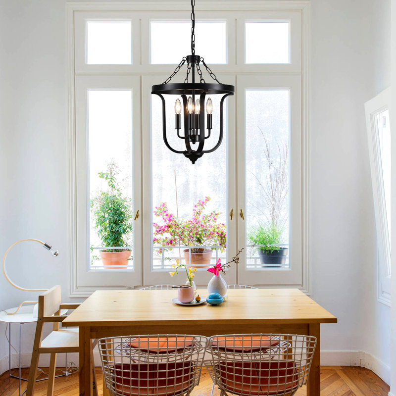 Anndrea 4 - Light Dimmable Candle Style Lantern Geometric Chandelier, Matte Black