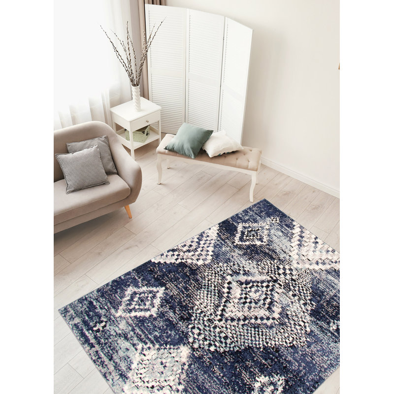 Tapis bleu foncé/ivoire/vert mosaique Stigall, Rectangle 6 pi 7 po x 9 pi 6 po