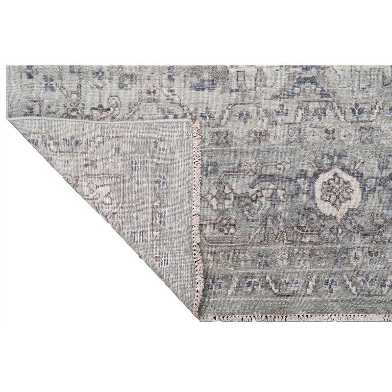 Tapis oriental rectangulaire en laine noué à la main gris / bleu / ivoire, Rectangle 9 pi x 12 pi
