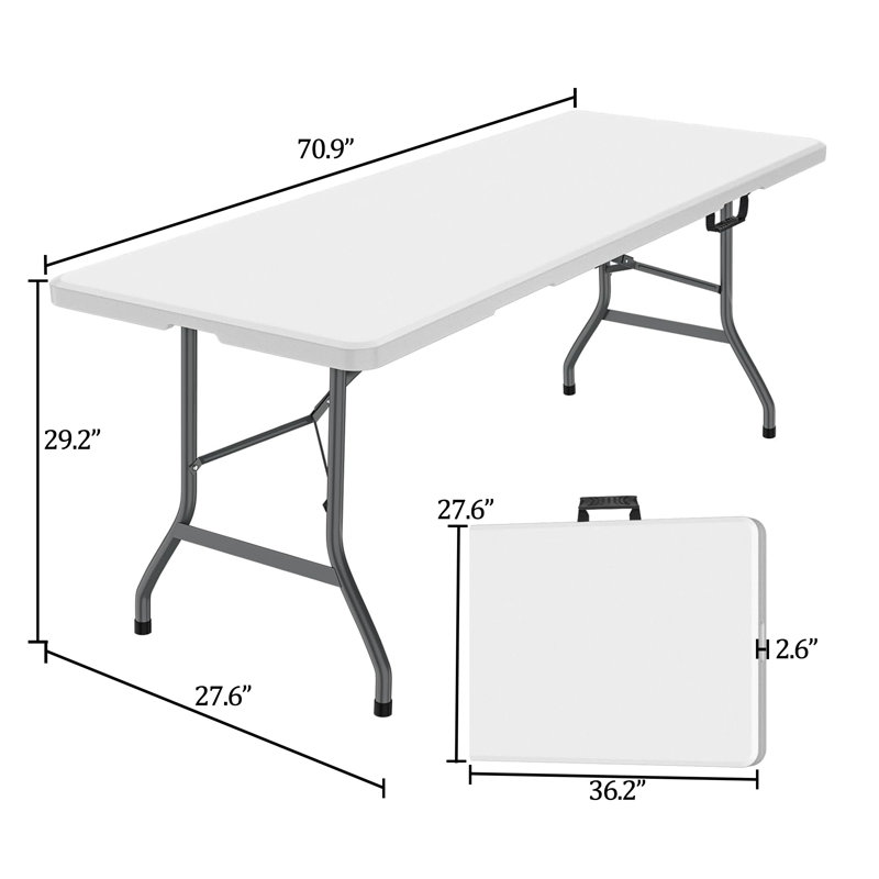 6ft Portable Folding Table Plastic Foldable Table With Carrying Handle, White