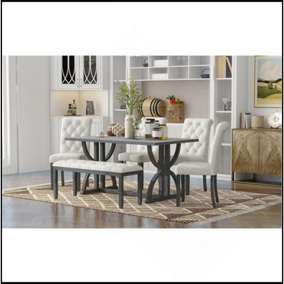 6-Piece Retro Rectangular Dining Table Set, Table With Unique Legs And 4 Upholstered Chairs & 1 Bench For Dining Room And Kitchen