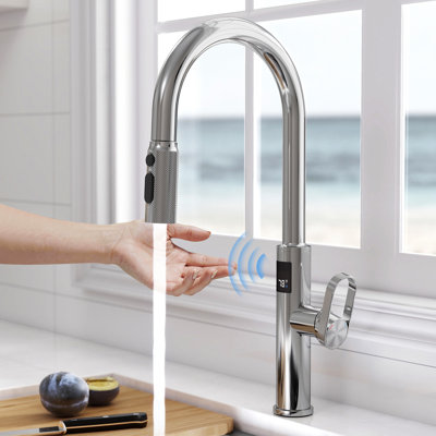 MASO Touchless Kitchen Faucet with Pull-Down Sprayer, Fahrenheit Temperature Display, 3 Spray Modes, 360° Swivel, Commercial Modern Faucet for RV, Farmhouse, Camper, Laundry & Bar, Polished Chrome
