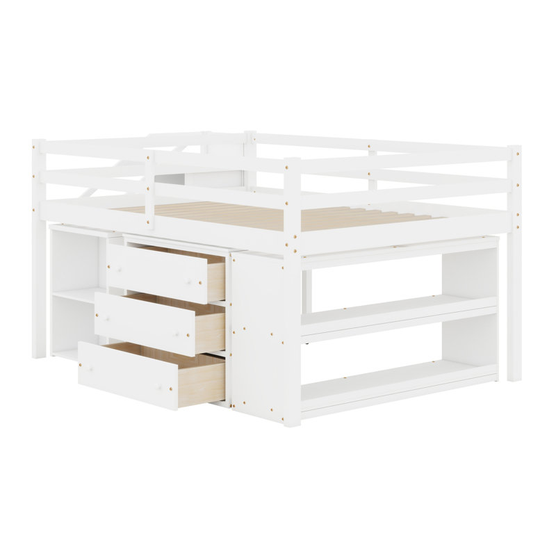 Lit mezzanine en bois avec bureau d'écriture rétractable et 3 tiroirs, avec escalier de rangement et tablettes, Blanc