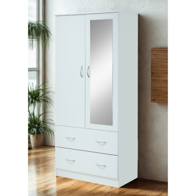 2-Door Freestanding Wardrobe Armoire with Full-Length Mirror, Hanging Rod and 2-Drawers - Bedroom Closet stroage Cabinet