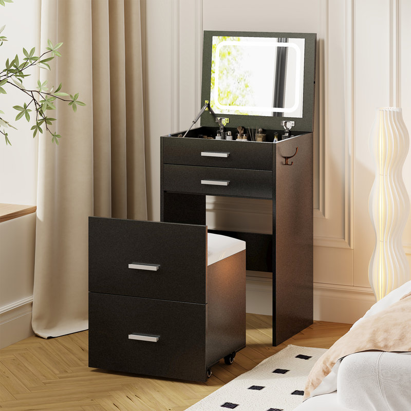 Bureau de coiffeuse 3 en 1 Ato avec miroir et lumières, Noir
