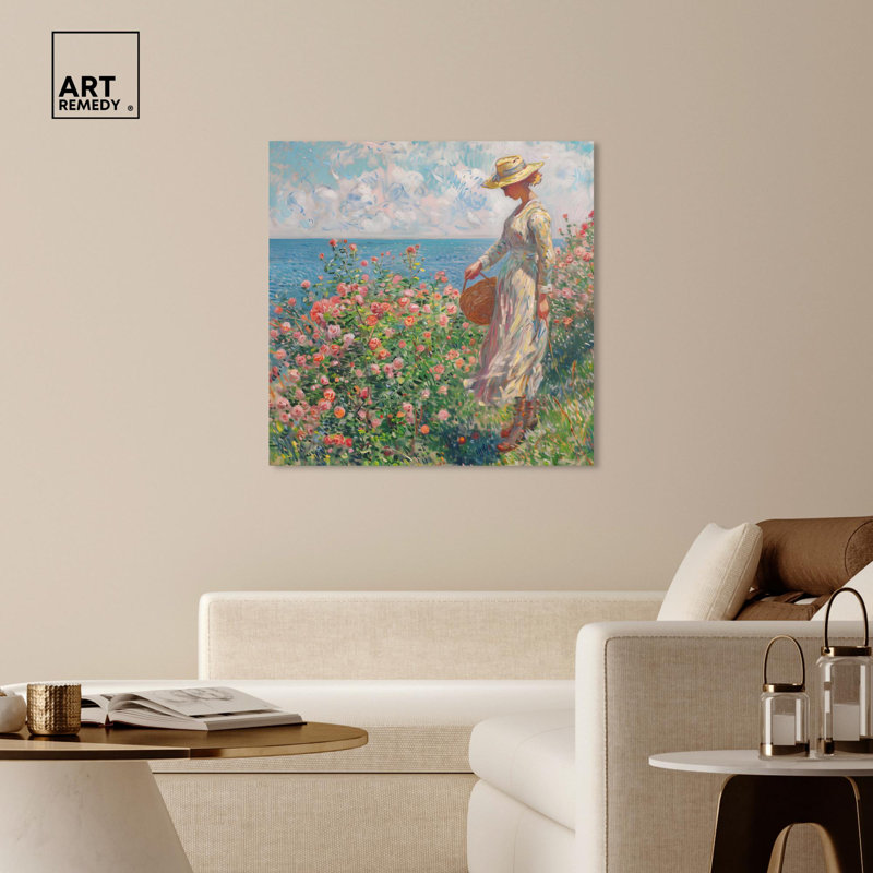Large Multicolor Canvas Landscape Art with Woman in Garden