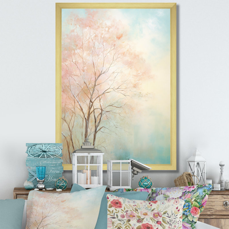 " Beige Teal Trees Romantic Impression ", 40" H x 30" W x 1.5" D, Gold Picture Framed