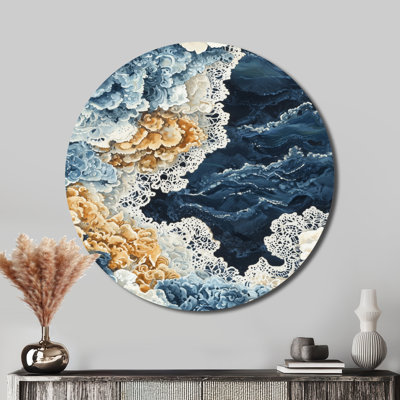 «Blue Ethereal Coastal Horizon», art mural rond moderne abstrait, art mural en métal bleu
