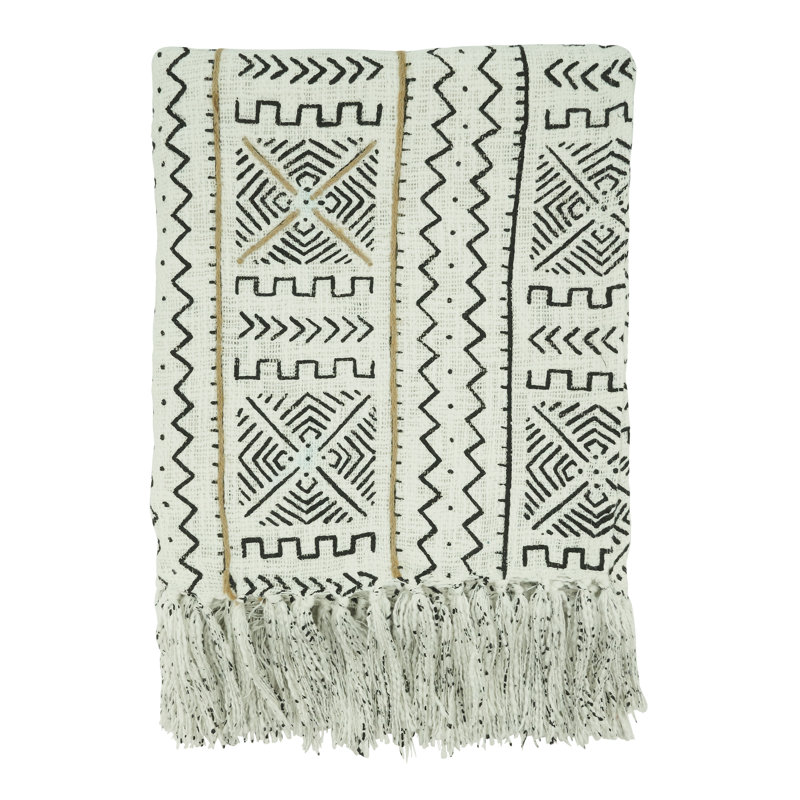 White Cotton Mudcloth Design Throw Blanket with Fringe