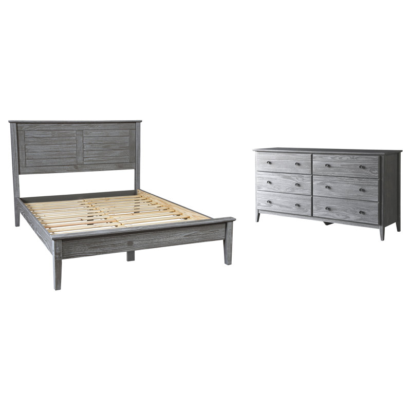 Ensemble de chambre configurable avec lit plateforme Greenport, Double, Blanc brossé, 2 pièces : lit, commode