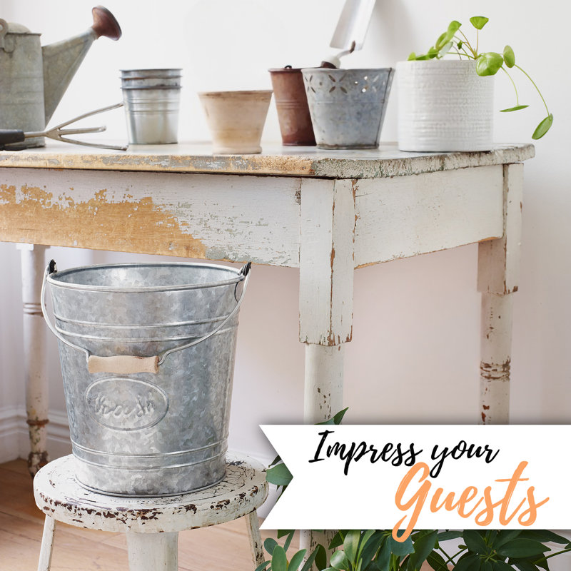 Rustic Galvanized Gray Trash Can with Wooden Handle