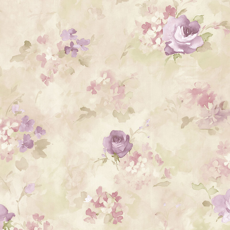 Papier peint aquarelle Waterbury, Brun / crème / mauve / rose / vert