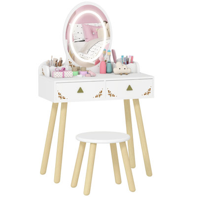 AIYAPLAY Kids Dressing Table with Mirror and Stool Set for 3+ Years White