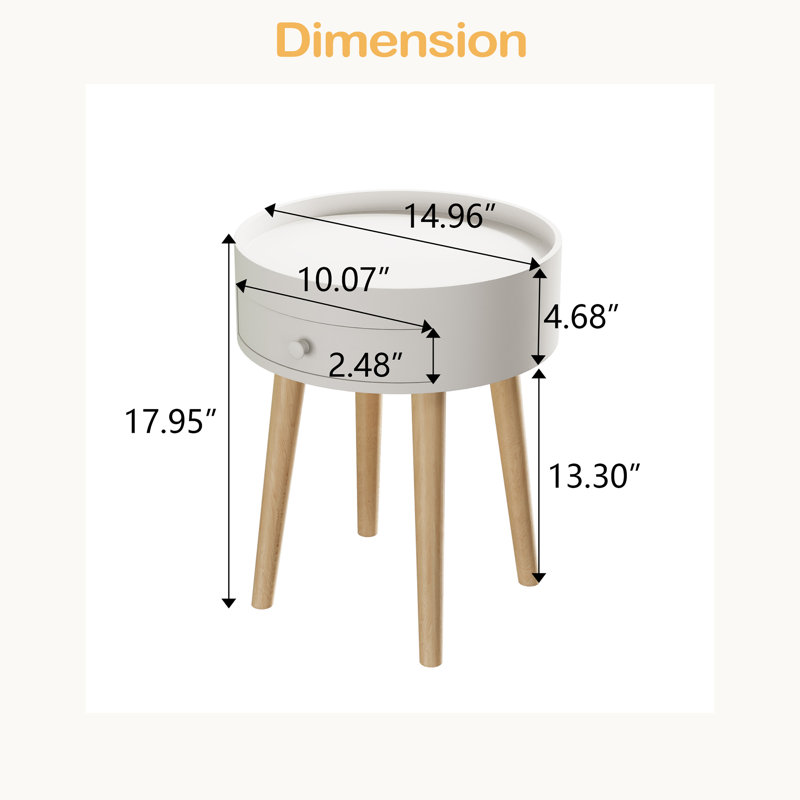 Table de chevet de 17,95 po de hauteur avec tiroir de rangement et pieds de chêne, table basse d'appoint pour chambre à coucher