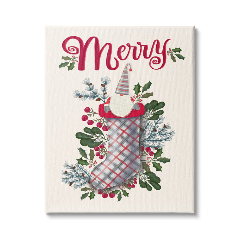 «Merry Sentiment Christmas Gnome in Plaid Holly Stocking» par Darlene Seale - impression, Toile tendue, H 20 po x l 16 po