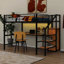 Lit mezzanine double en métal avec garde-corps pleine longueur, structure de lit mezzanine avec bureau, éclairage à DEL, escalier de rangement et petite armoire-1262600054