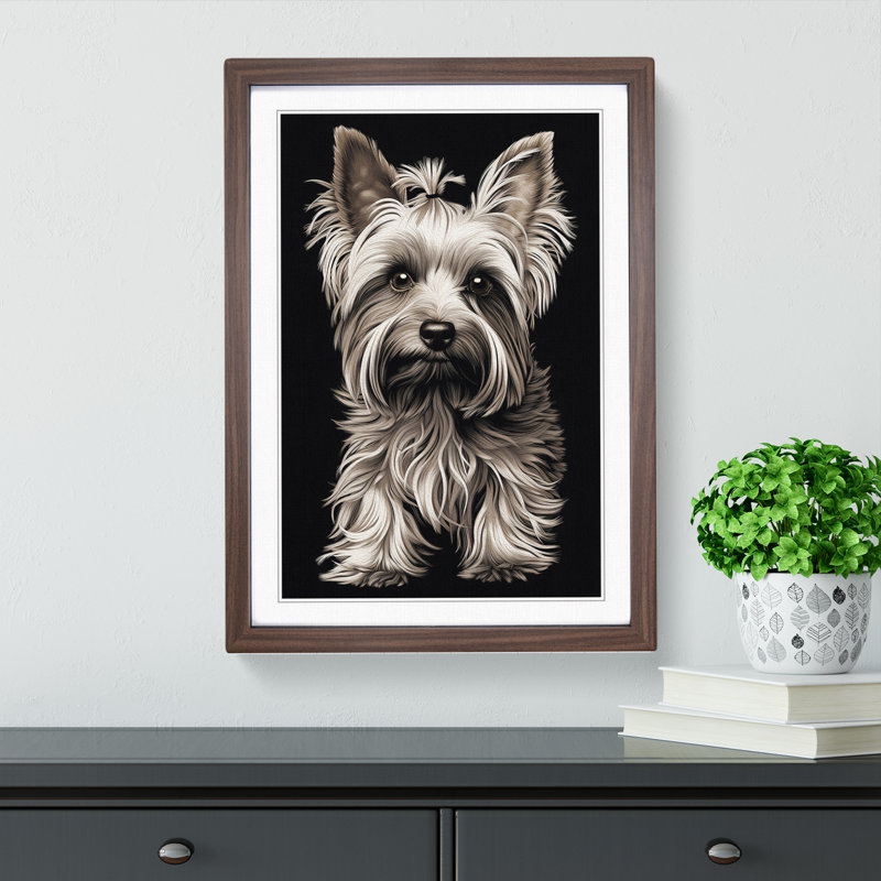 Yorkshire Terrier Line - Single Picture Frame Print on Wood, 34cm H x 25cm W x 2cm D, Walnut