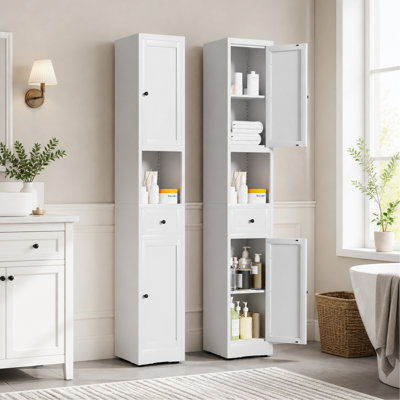 Armoire de rangement pour salle de bain de 71 pouces de hauteur, armoire étroite en métal à 5 niveaux avec 2 portes et tablettes réglables, armoire autoportante pour économiser de l'espace dans la cuisine, la salle de lavage, le garde-manger, blanc