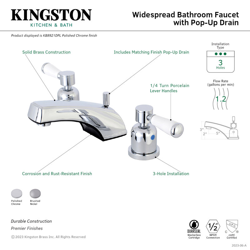 Kingston Brass Paris Two-Handle 3-Hole Deck Mount Widespread Bathroom Faucet with Retail Pop-Up Drain, Polished Chrome
