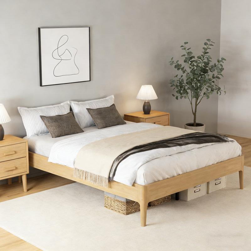 Structure de lit plateforme en bois de bambou sec massif de 15 pouces de hauteur, avec support en lattes de bois, style moderne et minimaliste, aucun sommier requis, assemblage facile, naturel