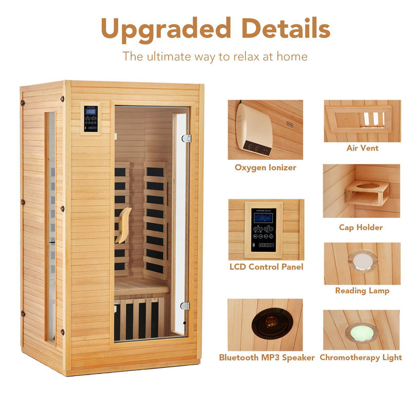 Upgrade 1 to 2 Person Infrared Sauna, 6 Carbon Heating Plates, Low EMF, Dual Controls, Home Spa Wooden Steam Sauna