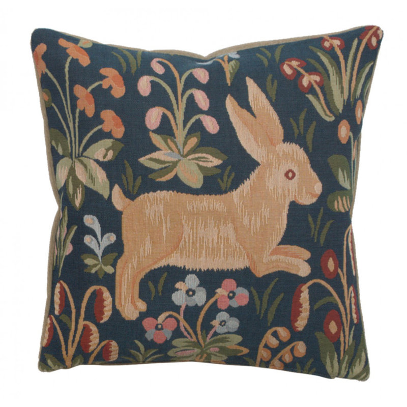 Medieval Rabbit Blue Cotton Jacquard Throw Pillow