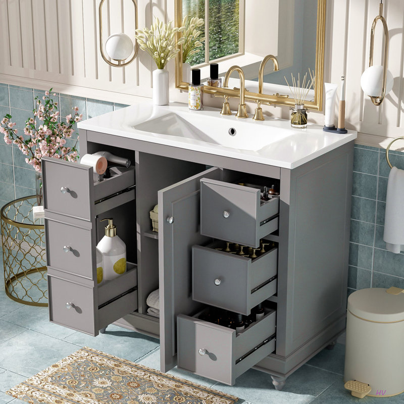Modern Bathroom Vanity With Ceramic Sink Combo – 36X18.3X34.1 Inches, 4 Drawers And 1 Door, Versatile Storage, Adjustable Shelf, Solid Wood Frame, MDF