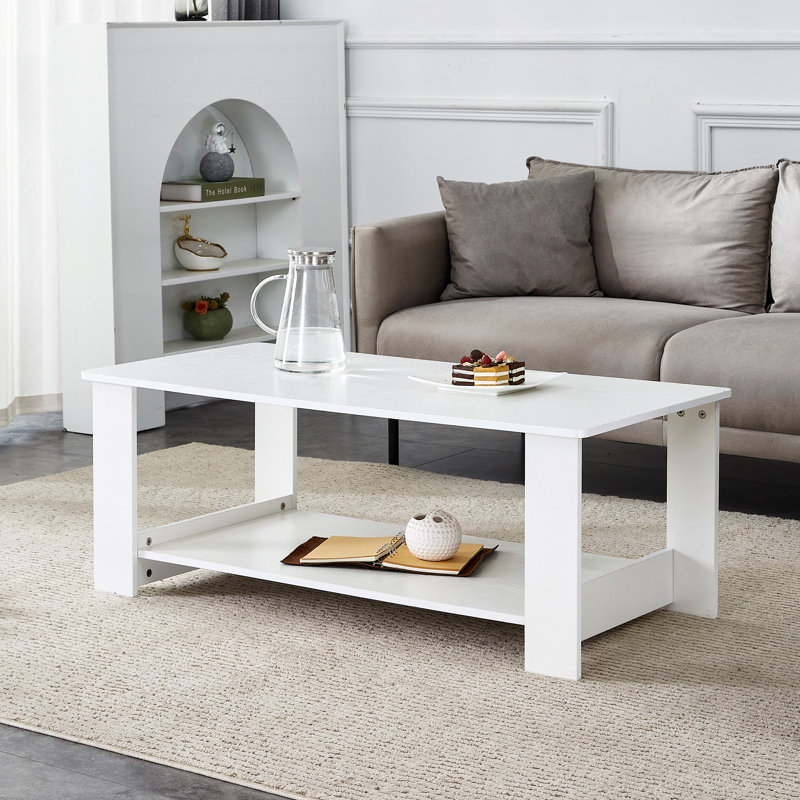 Bonni Rectangular Coffee Table with Storage Shelf, White, 16.5" H x 35.4" L x 21.7" W