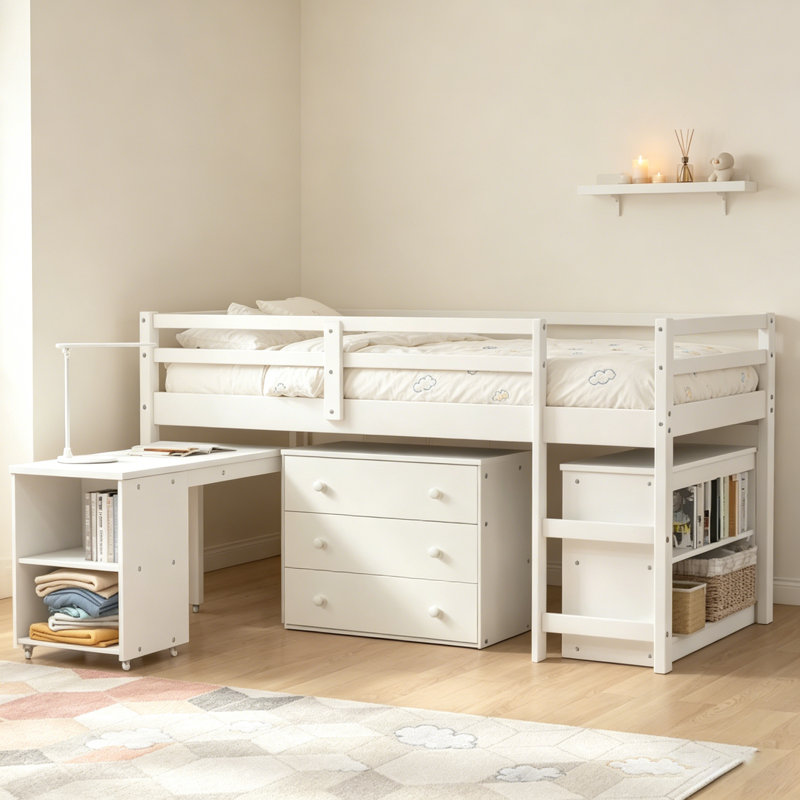 Lit simple, lit mezzanine avec armoire et bureau portatif à roulettes, Blanc