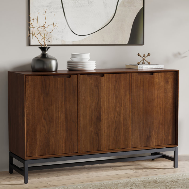 Banting 58"W Solid Wood Mid-Century Modern 3-Door Sideboard Buffet with Adjustable Shelves and Metal Base, Natural Walnut