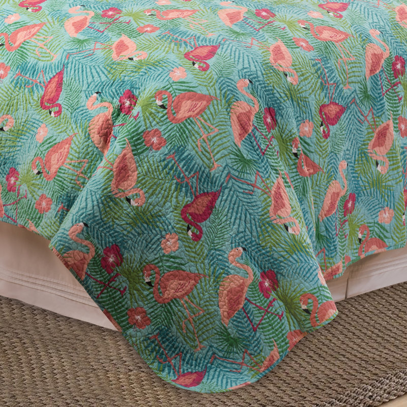 Isla Tropics Pink and Aqua Cotton Reversible Quilt Set