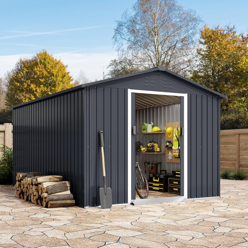 Outdoor Storage Shed, Large Metal Aluminum Waterproof Tool Sheds With Lockable Door, 77.5" H x 98" W x 147.6" D, Gray
