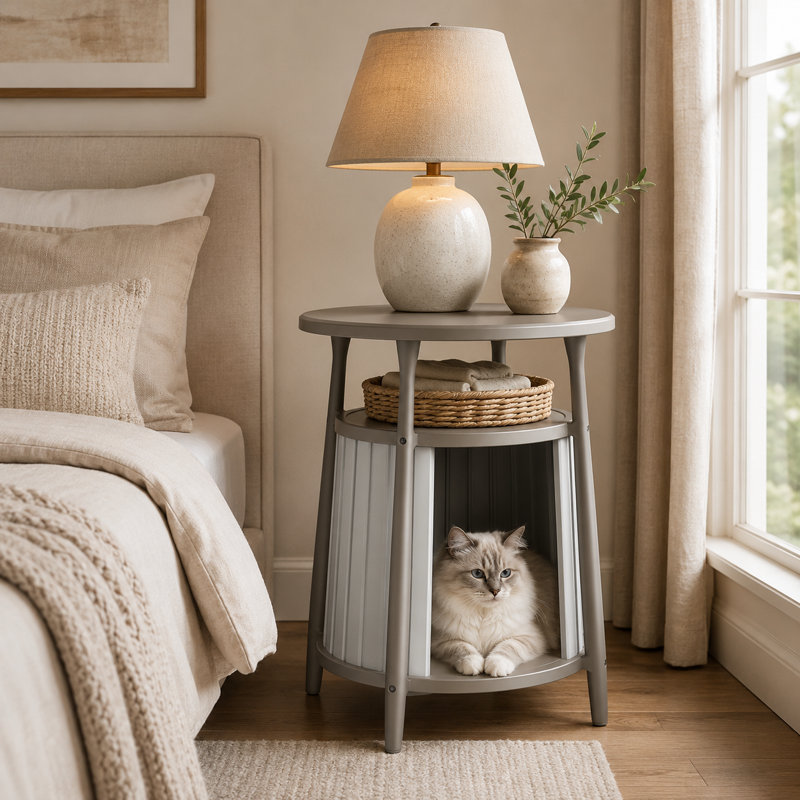 Table de bout ronde à 2 niveaux avec chat (brun clair / gris), Brun clair (gris)