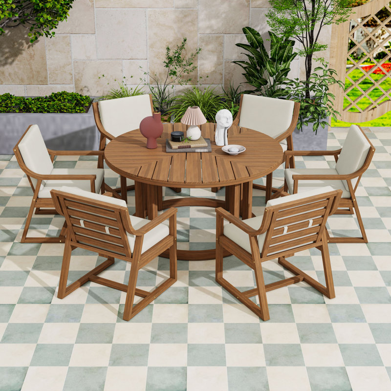 Ensemble de salle à manger 7 pièces avec table ronde, chaises rembourrées et trou pour parasol, Teck clair