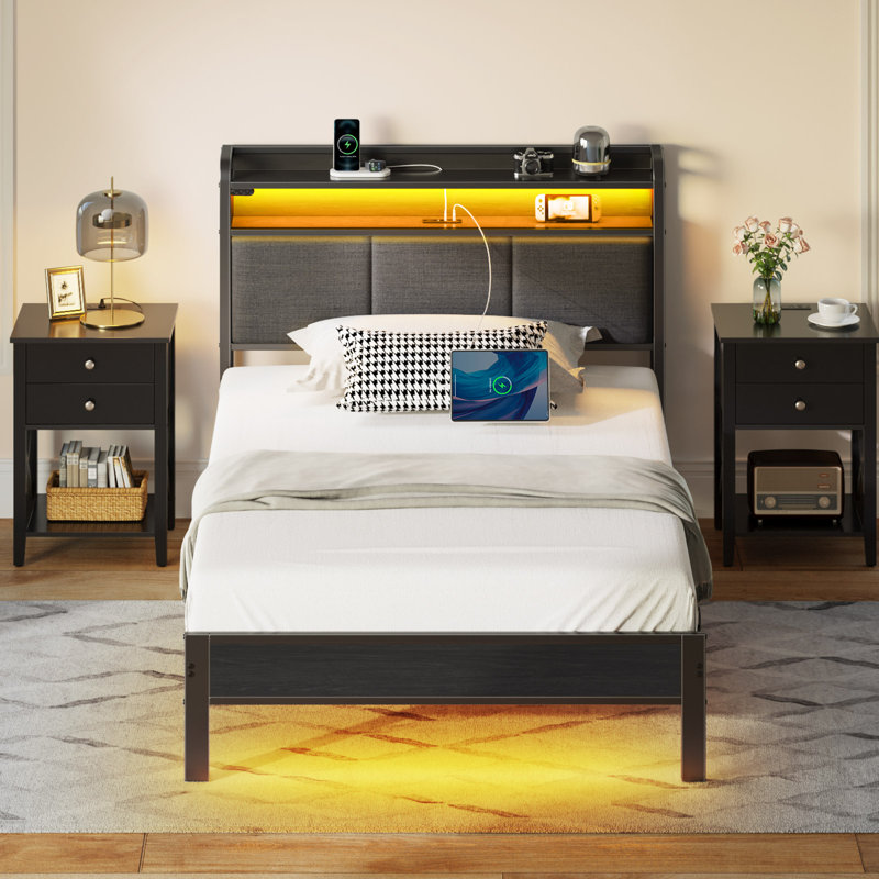 Etsuyo Upholstered Storage Bed with  Headboard, LED Lights and Charging Station, Twin/Single, Gray
