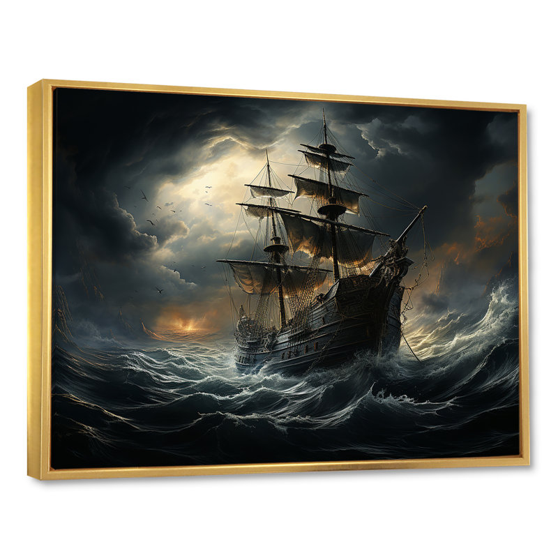 Pirate Ship At Stormy Seas - Art mural encadré pirate, 34" H x 44" W, Cadre flottant doré
