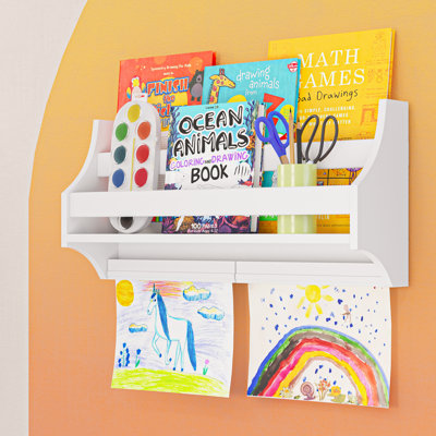 Riverridge Kids Wall Mount Bookshelf With 2 Kids Art Display Bars - Floating Bookshelf For Book Nook - White