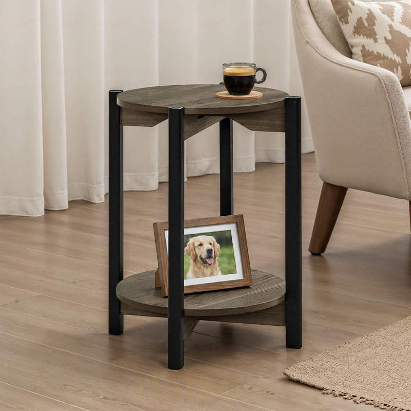 Table de bout ronde avec pieds en métal et tablette inférieure ouverte, Gris foncé