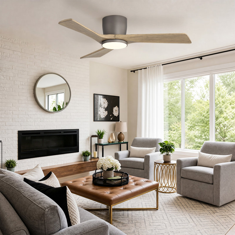 Ventilateur de plafond 42 po à 3 pales en bois massif d'intérieur avec télécommande encastrée et DEL intégrée, Grey, 42, Grey