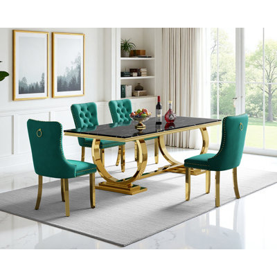 Luxury 68" Faux Marble Dining Table Set, Modern Dining Room Table with Dining Chairs, Black Dining Table with Faux Marble Top & Stainless Steel Pedestal, Large Dining Table and Chairs Set for Home Furniture