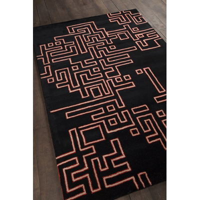 Cloral Authentic Hand-Tufted Handmade Black, Red, Orange & Cream Modern Abstract Geometric Maze Wool Area Rug