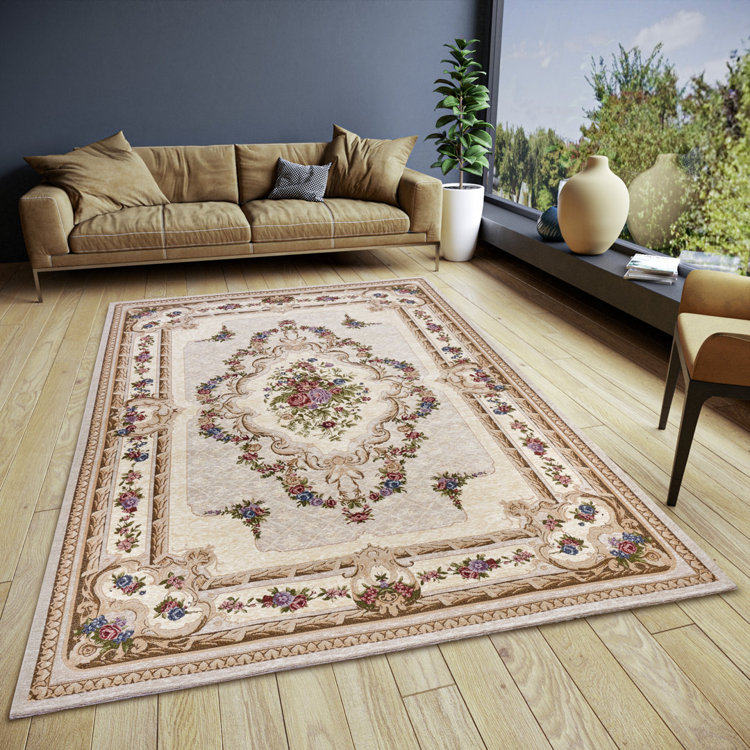 Gobelin - Hafsa Design, Teppich, Orient, Flachgewebe, Blumen Muster, Wohnzimmer – Creme Multifarben