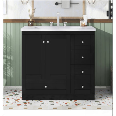 Armoire de meuble-lavabo autoportante de 36 po de style Shaker avec lavabo, 4 tiroirs à fermeture douce et 2 portes à fermeture douce