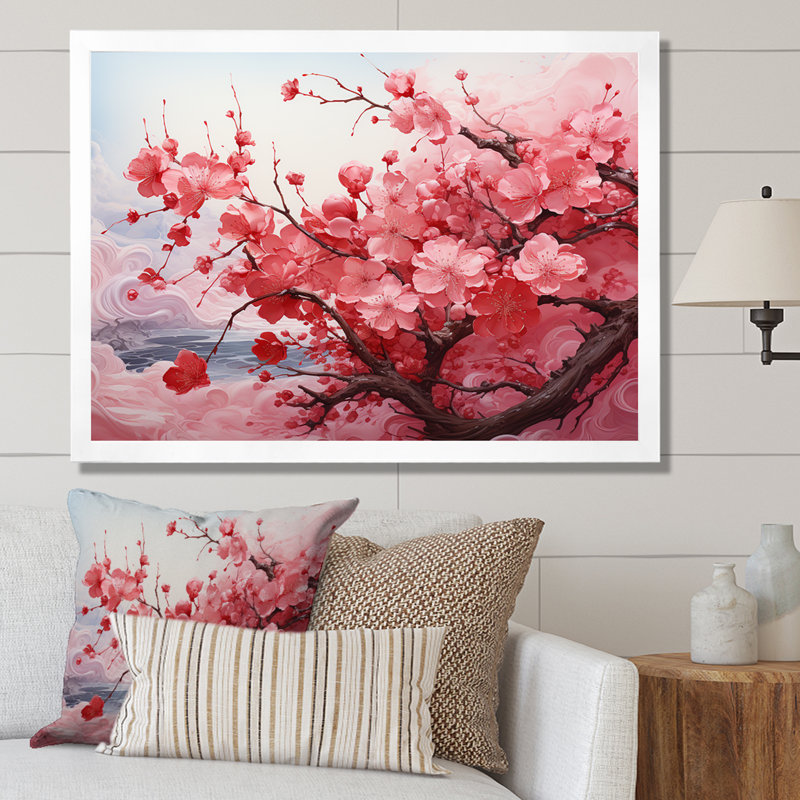 «Pink Blossom Cheery Tree Wind II», art mural cerise, H 16 po x l 32 po x P 1 po, Cadre de coin blanc fermé