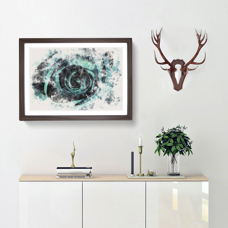 A Teal Rose Watercolour - Picture Frame Graphic Art Print, 62cm H x 87cm W x 2cm D, Walnut Framed