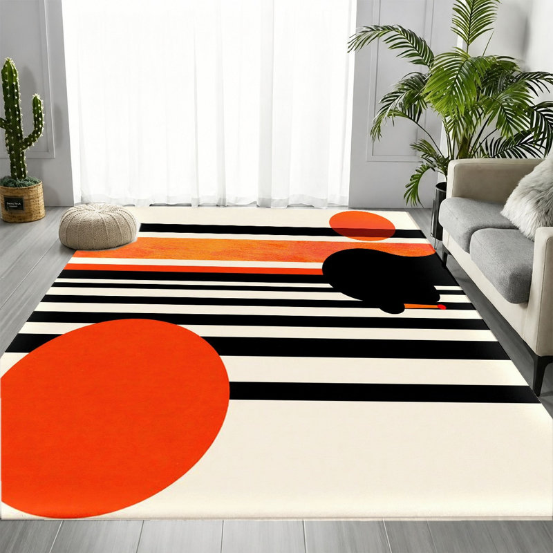 Tapis à motif géométrique abstrait, moderne, moderne, noir, orange, blanc, doux et durable, tapis antidérapant lavable à la machine et antidérapant