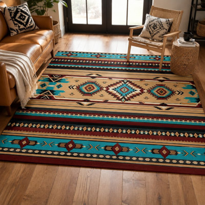 1pièce tapis à motif géométrique du sud-ouest - peu pelucheux, lavable et facile à nettoyer, grand revers mince et antidérapant, convient au salon, à la chambre à coucher, à la cuisine, au bureau et à l'intérieur pour la maison